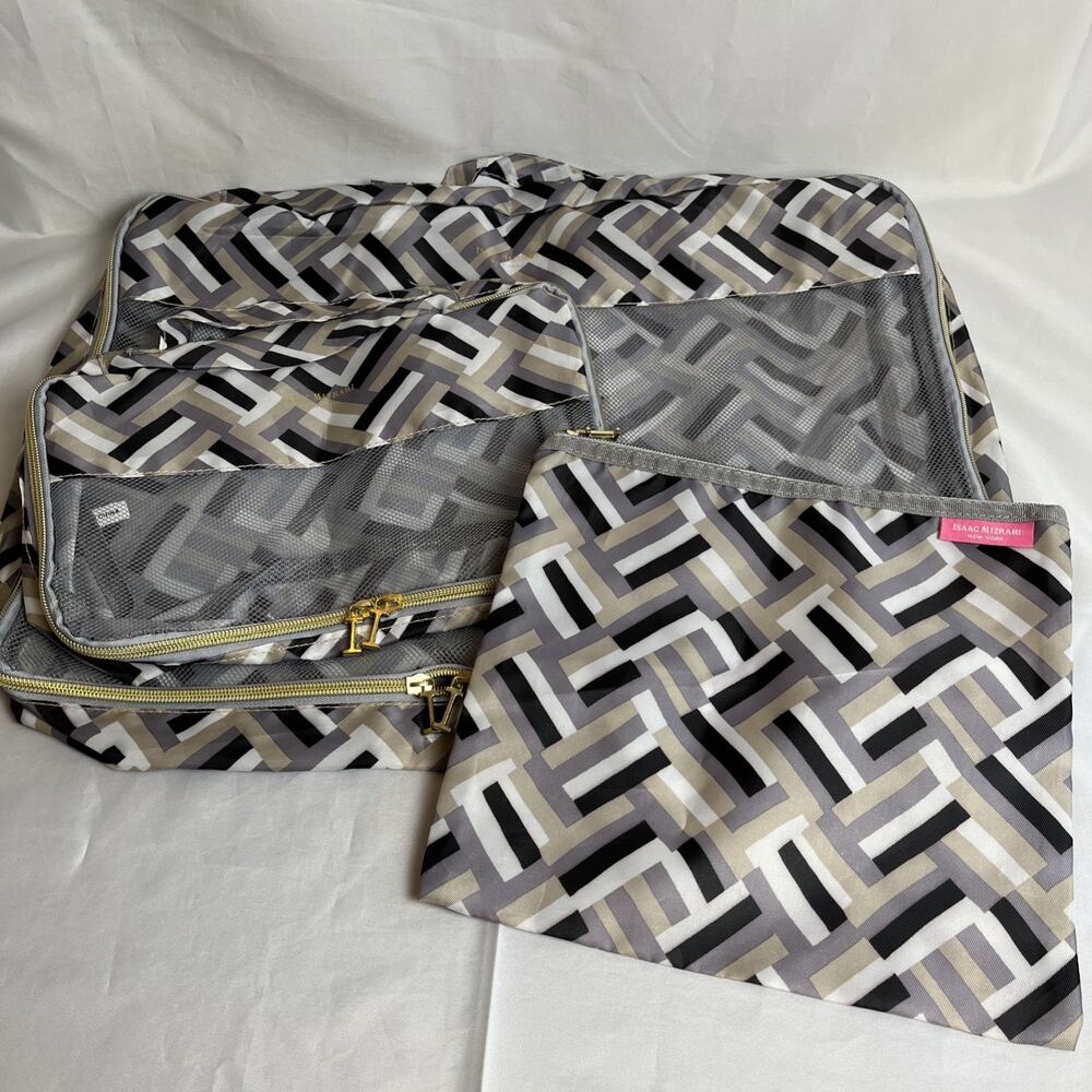 ISAAC MIZRAHI Packing Travel Bag 3 Pieces Zipper Close Mesh Inserts Geo Pattern